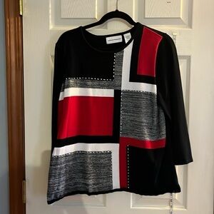 VTG-Alfred Dunner-L-Mondrian Sweater-geometric color block-red/white/black/gray.